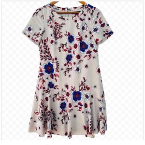 Banana Republic gray dress with purple/red/white floral print, ruffle trim 4